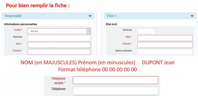 Conseil remplissage fiche inscription scolaire Jean XXIII